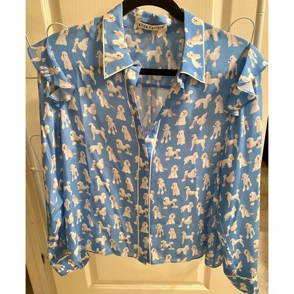 Alice + Olivia Zimmer Blue Poodle Ruffle Silk Print Blouse 🐩 - Picture 3 of 6
